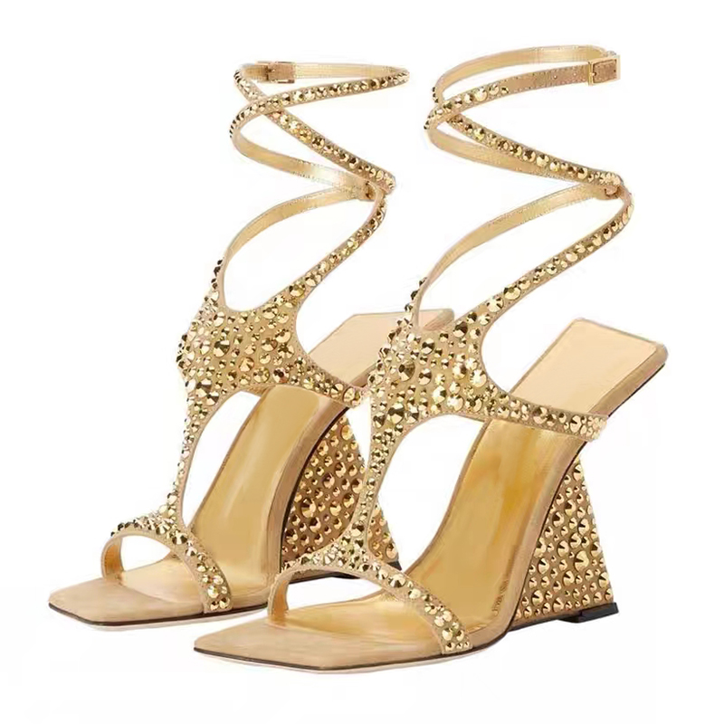 

Women Dress Shoes High Heels Womens Designer Genuine Leather Pumps Lady Wedge Sandals Wedding 10cm crystal-encrusted Ankle Wraparound Party Evening shoes With box