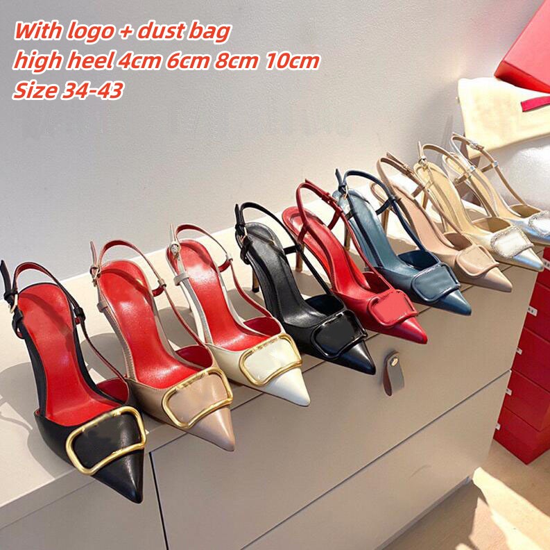 

2023 New Pointed Toe Stiletto Sandals Female Hollow Metal V-buckle Baotou Leather High-heeled Shoes 6cm 8cm