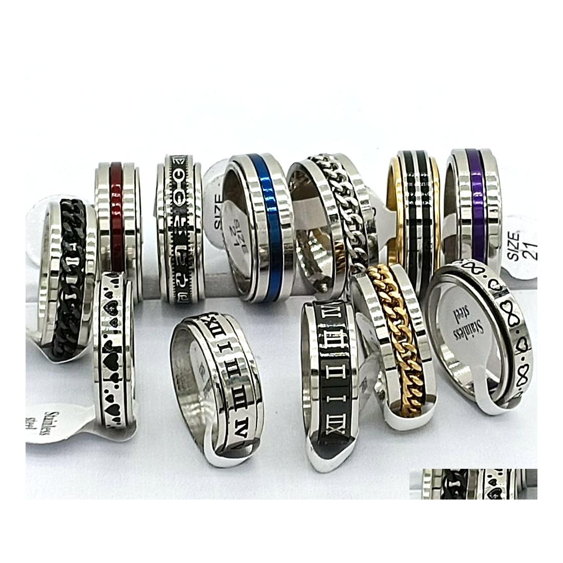 

Band Rings 30Pcs/Lot Design Mix Spinner Ring Rotate Stainless Steel Men Fashion Spin Male Female Punk Jewelry Party Gift Wholesale L Dh79R