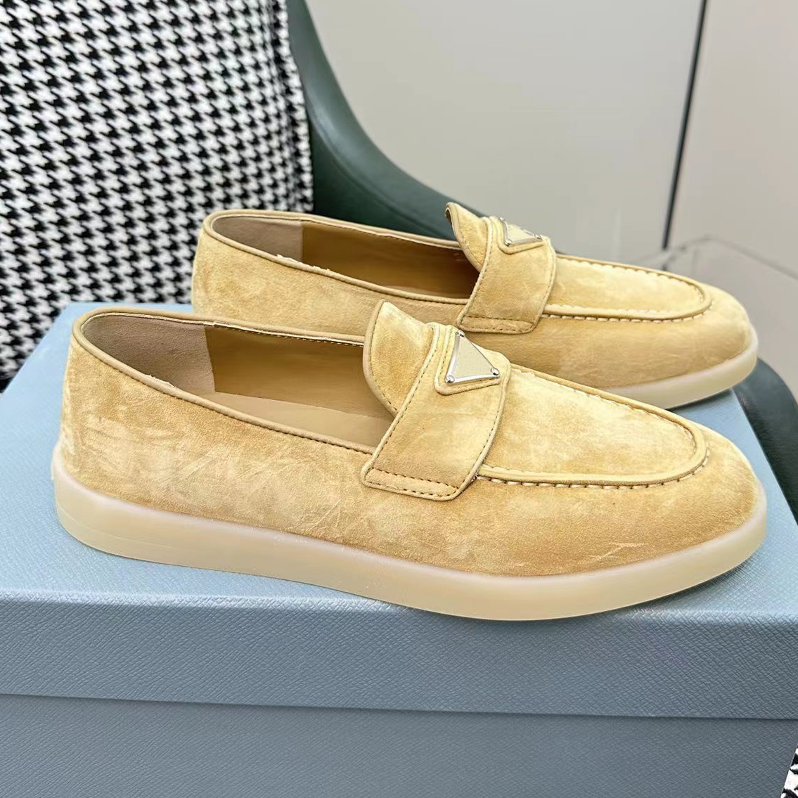 

Comfortable flat sole dress shoes Luxury Designer Shoes suede women fashion loafers simple triangle buckle High quality factory shoe, Khaki