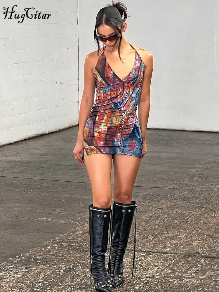 RUKAS Tie Dye Halter Backless Lace Up Slit Vintage Sexy Bodycon Mini Dress Summer Women Fashion Outfit Vacation Party Club-image-866004442