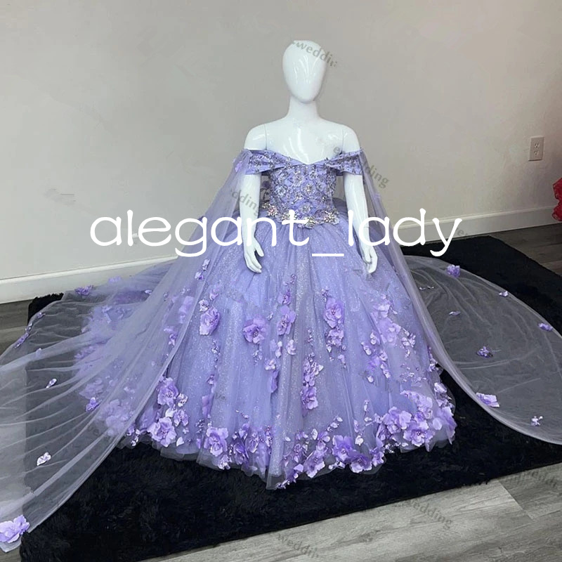 

Lavender lilac mini Quinceanera Dresses with cape 2023 Off Shoulder Appliques Flowers Girl Prom Gowns Custom Mis 15 Party Wear, Hunter