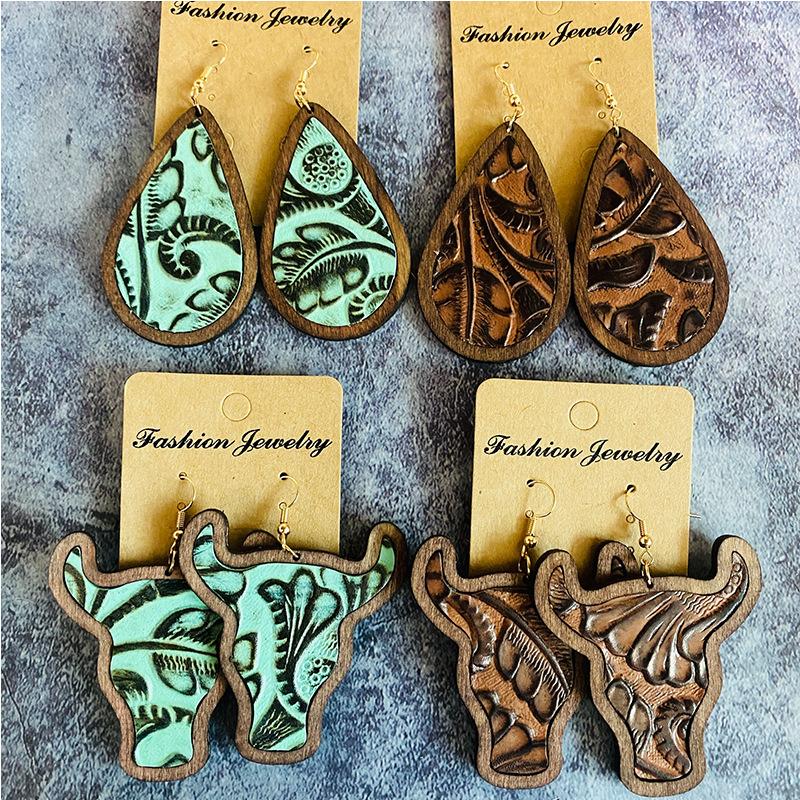 

Dangle Earrings Western Jewelry Embossed Tooled Turquoise Genuine Leather Teardrop Cowhead Wood Drop For Women Cowgirl