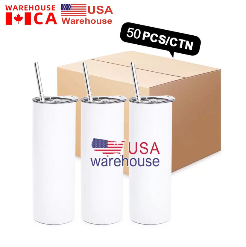 

USA CA Warehouse 20 oz Stainless Steel Heat Transfer Printing Tumbler Vacuum Insulated Skinny Straight Sublimation Tumblers Kawaii J0516, White
