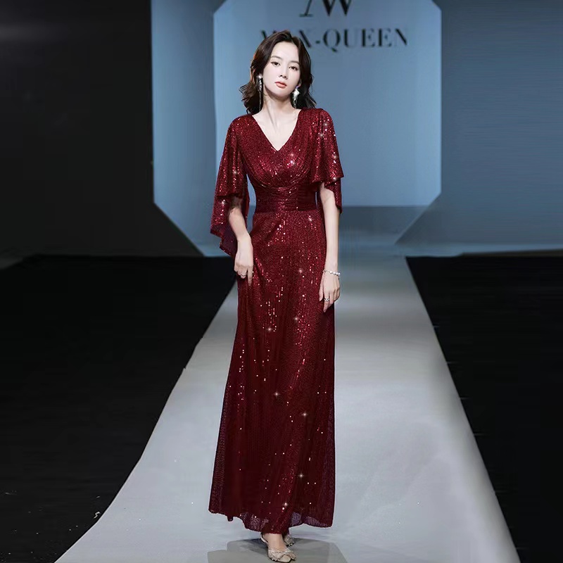 2023 red Vintage Mother of Bride Dress Jewel Sequin Appliques Sleeves Godmother Wedding Party Gowns Robe De Soiree V neck Evening Party Guests Go-image-866129495