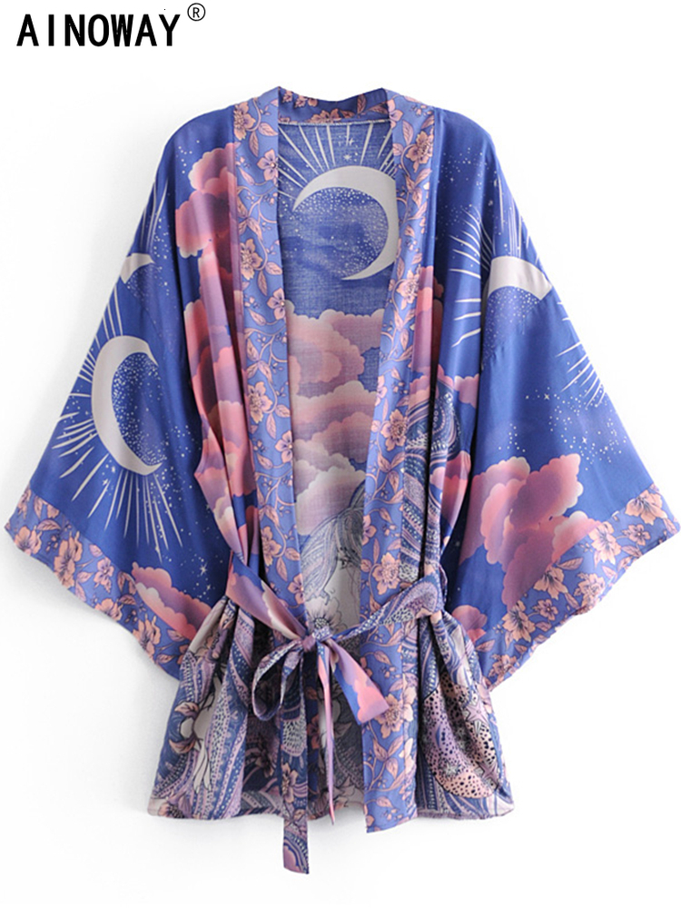 Maillots de bain pour femmes Boho Vintage Star and Moon Floral Print Ceintures Femmes Bohème Col V Manches Chauve-Souris Happie Robe Courte Kimon