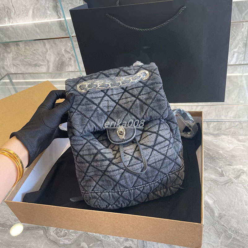 

Channel Denim Satchels Purse Backpack Style Luxury Designer Women's Bag Small Bookbag Quilted Laptop Bag 23CM, Black-23*28cm