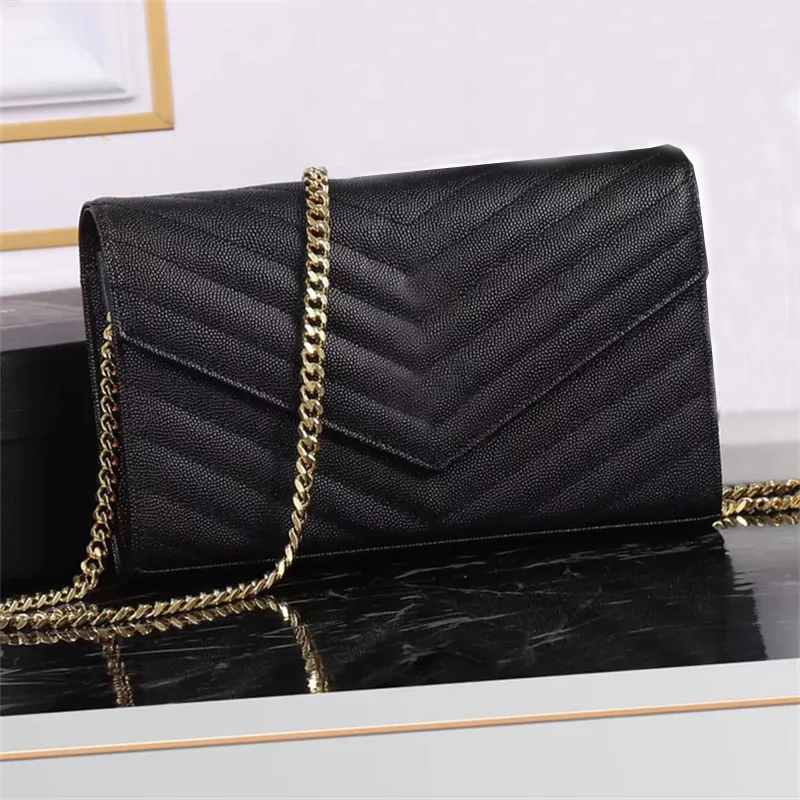 

Designer Envelope Shoulder Bags WOC Crossbody Women Chain Fashion Luxury Leather Handbag Black Khaki White Caviar Flap Purse Bag, #1 black+gold hardware