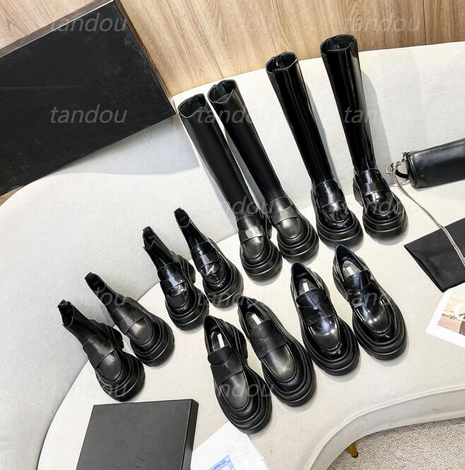 

Carter Platform Loafer Boot Designer Women Leather Ankel Knee Boots Fashion Winter Black Loafers Booties Size 35-40, Color 1