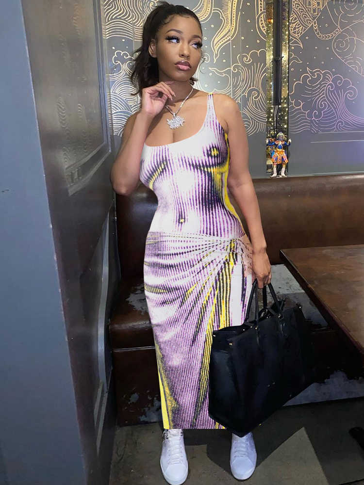 RUKAS 3D Striped Print Sleeveless Straps Sexy Slim Bodycon Midi Dress 2023 Summer Women Casual Festival Streetwear Clothes-image-866005469