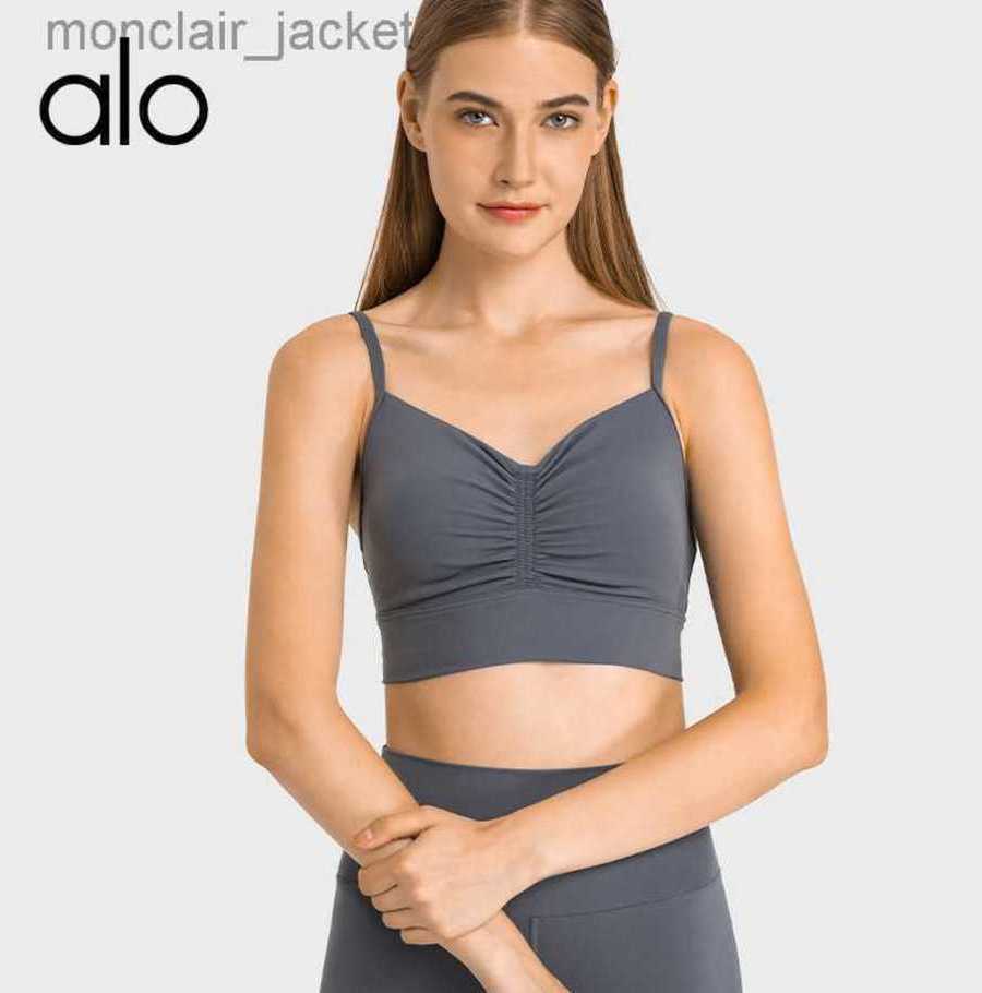 

Desginer Yoga Tops yoga' pleated sexy sports bra with thin shoulder straps breathable back and nude fitness bra 23SSA, Gem grey