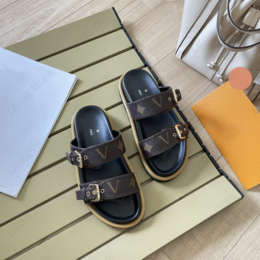 

Designer Shoe Woman Slipper Genuine Leather Beach Letter Buckle Loafers Adjustable Upper Width Lovers Shoes with Box 35-42, Black1