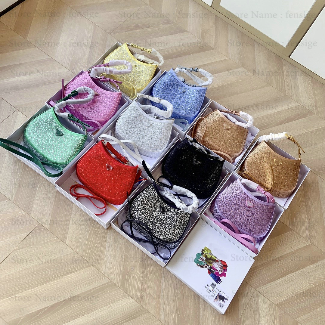 Crystal Cleo Satin Bag with all-over crystals Women Luxurys Trangle Logo Imitation Diamond Purse Designer Handbag Bling Bling party Bags