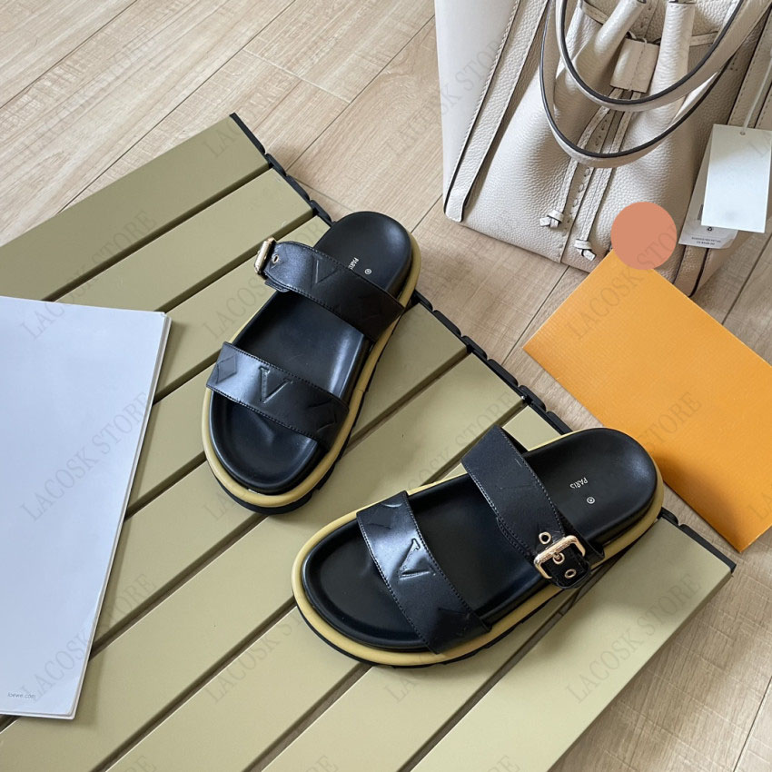 

Fashion Shoe Woman Slipper Genuine Leather Beach Letter Buckle Loafers Adjustable Upper Width Lovers Shoes with Box 35-42, Blue1