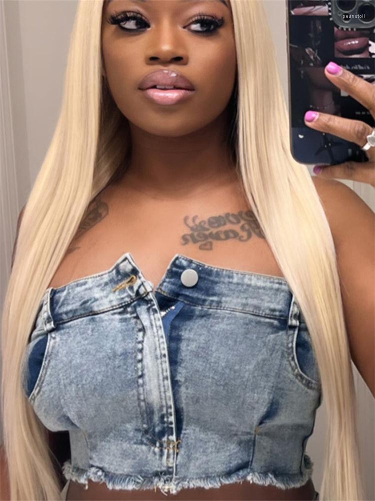 

Women' Tanks Wholesale Summer Outfits Y2k Streetwear Blue Denim Crop Top T Shirts Strapless Sleeveless Zipper Ladies Tees, Green