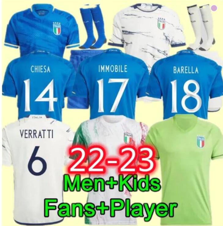 

2022 2023 Italys soccer jerseys Italian jerseyS SCAMACCA IMMOBILE CHIESA football shirts RASPADORI JORGINHO sets kids player version Maglia italiana HOME AWAY, Adult size
