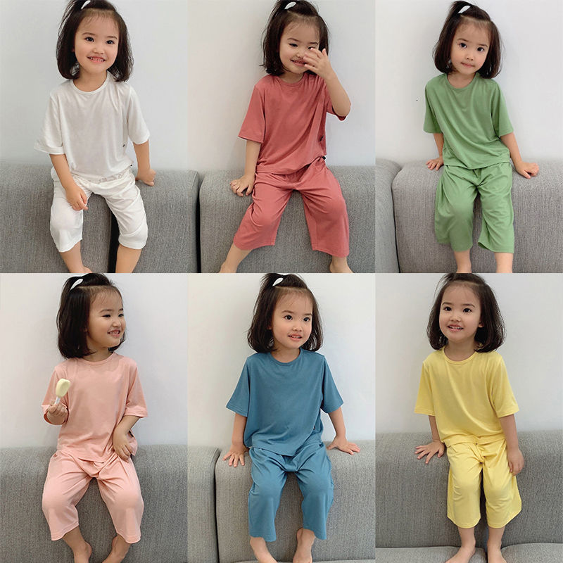 Pajamas 1 6 Tahun Set Pakaian Bayi Warna Solid Laki laki Perempuan Modal Musim Panas Anak Uniseks Piyama 2 Potong 230516