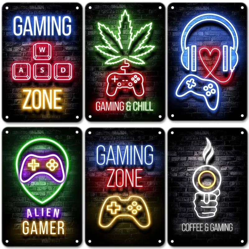 

HISIMPLE Funny Designed Neon Sign Gaming Metal Painting Gamer Poster Metal Plate Vintage Wall Art Decor for Boys Playroom Home Wall Sticker Size 30X20cm