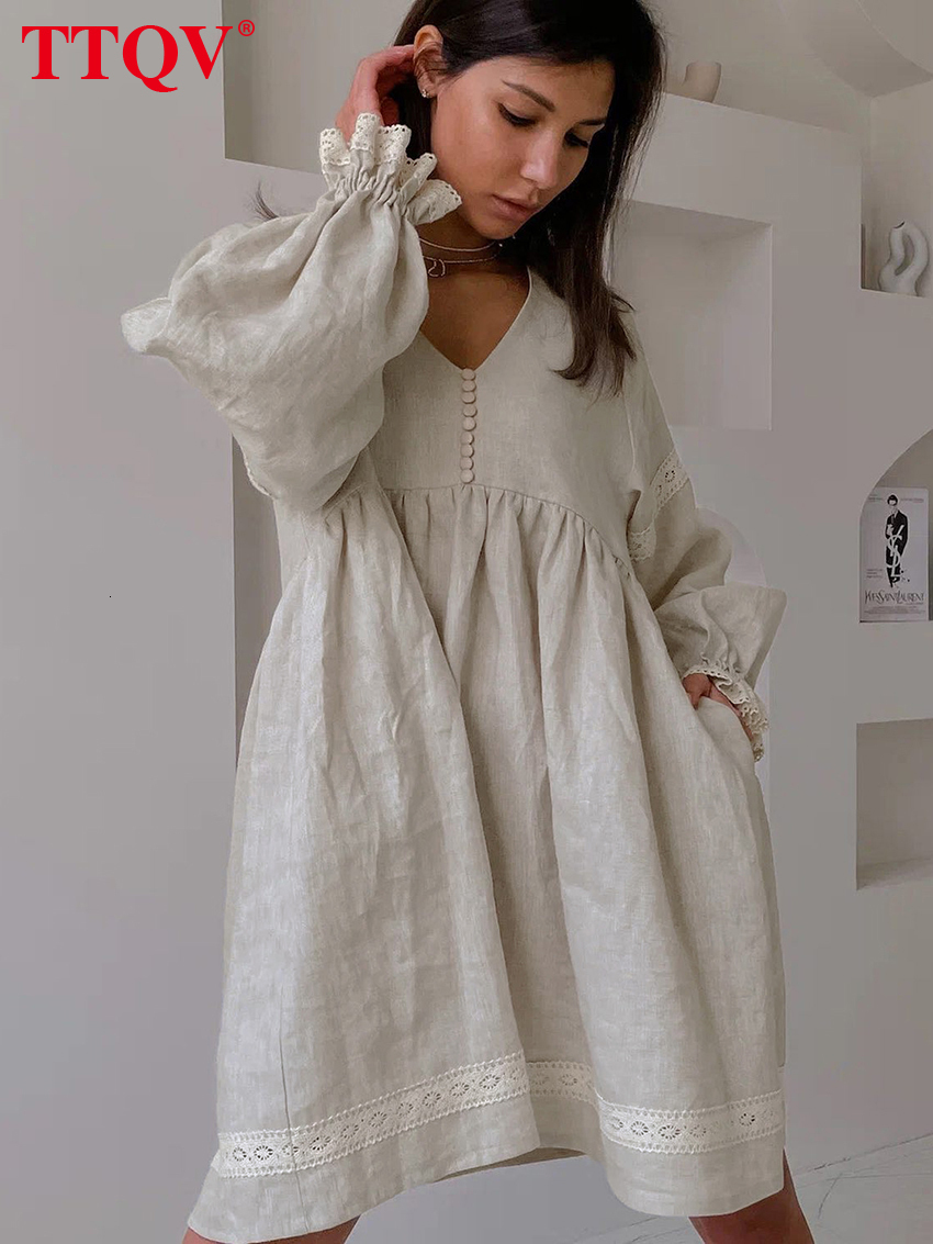 Casual Dresses TTQV Fashion Vneck Patchwork Lace Womens Dress Elegant Khaki Long Sleeve Loose Dresses Casual Pleated Button Dresses Female 230515