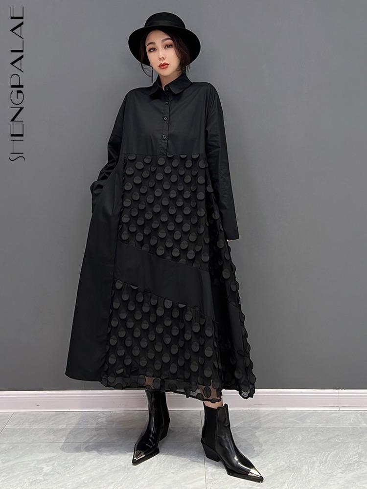 

Dresses SHENGPALAE Black Patchwork Gauze Dress Women's Autumn 2023 New Turndown Collar Loose Long Sleeve Midcalf Dresses Tide 5W945