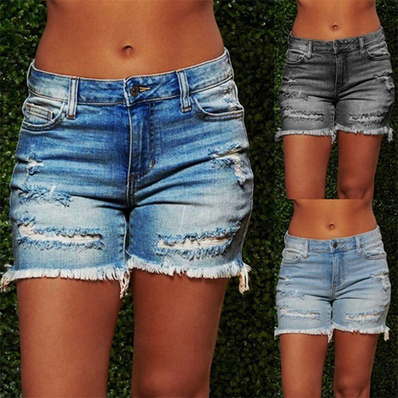 Women's Shorts Blue Ripped Denim Shorts With Tassel Pockets Women Summer Streetwear High Waist Button Up Sexy Hole Rave Jean Shorts 230516