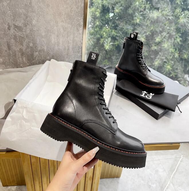 

Designer R13 Single Stack Boot Women Leather Ankle Martin Boots Fashion Black Motorcycle Booties Size 35-42