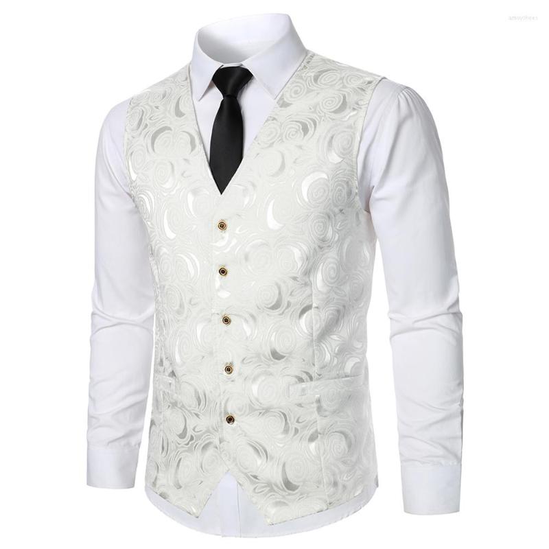 

Men' Vests Men Suit Vest Coat Roses Pattern Bright Jacquard Fabric Party Luxury Design Causal Fashion Slim Fit, White