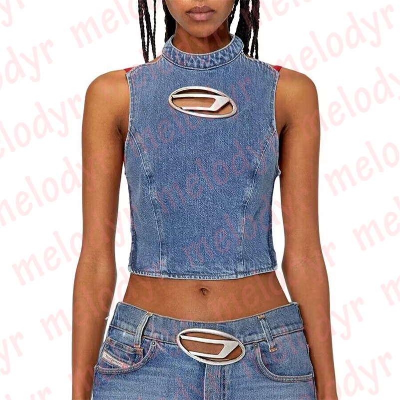 

Sexy Denim Tank Summer Backless Bandage Crop Top Hollow Metal Letter Halter Vest Tops Nightclub Wear, Blue