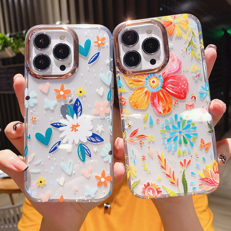 

Luxury Colorful Flowers Daisy Glitter Phone Case For iPhone 14 Pro Max 13 12 11 XS X XR 7 8 Plus Transparent Shockproof Cover