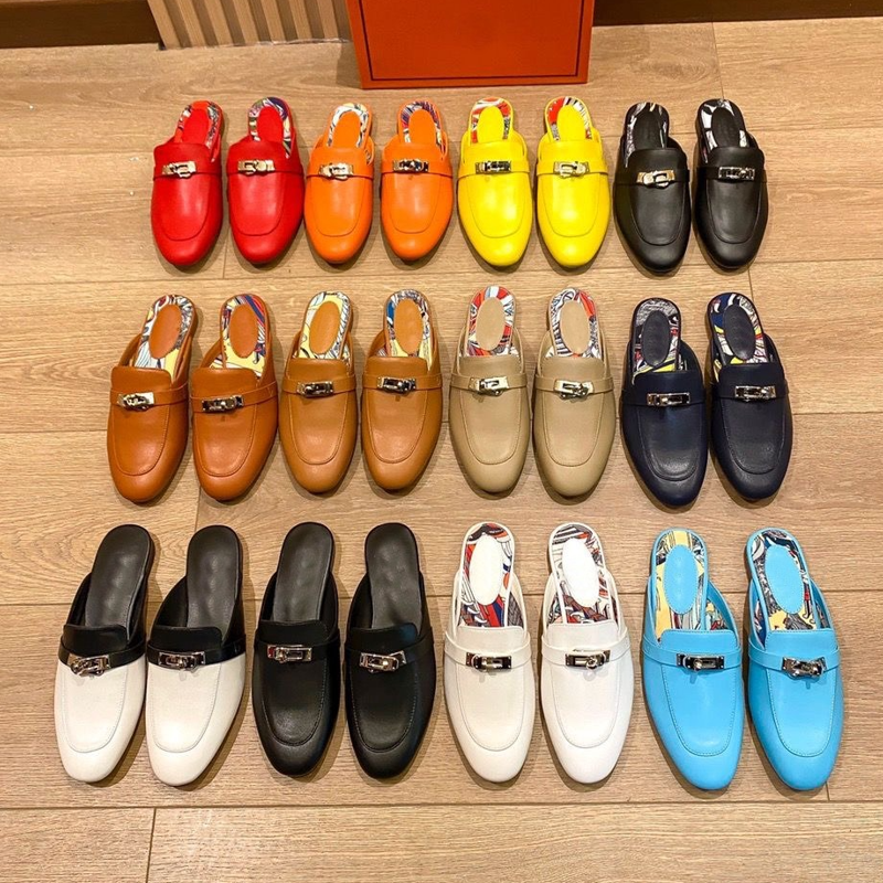 

2023 Designer Sandals Blossom Mules Women slippers Loafers Calfskin Mule Genuine Leather Kelly Metal Chain Shoes Size 35-42