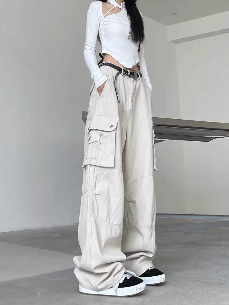 

Women' Pants Capris 2022 Women' Jeans Low Waist Baggy Casual Vintage Multiple Pockets Wide Pipes Pink Cargo Pants Street Style High Quality Jeans J220919, White