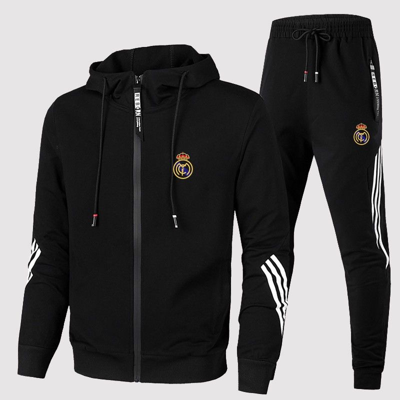 

Men's hooded jacket Madrid training clothes American sports soccer Christmas print zipper sweatshirt jacket pants two-piece French soccer T-shirt Ma hoodie, Black