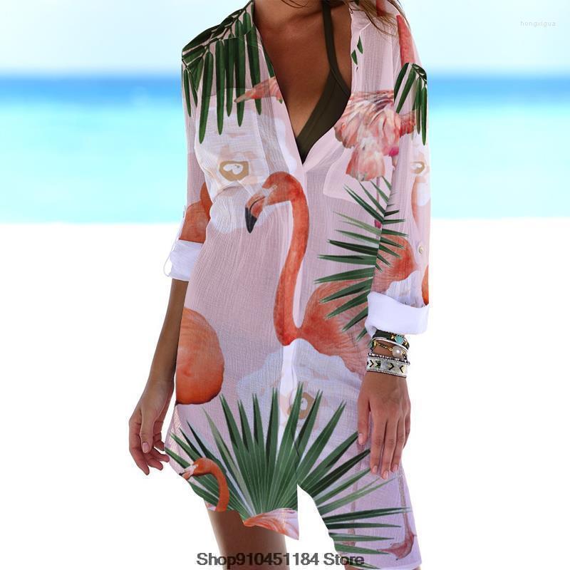 

Women's T Shirts Summer Sunscreen Women Blusa Long Sleeve Button Up Office Flamingo 3D Print Outwear Beachwear Turn Down Collar Blouse, Cs66519