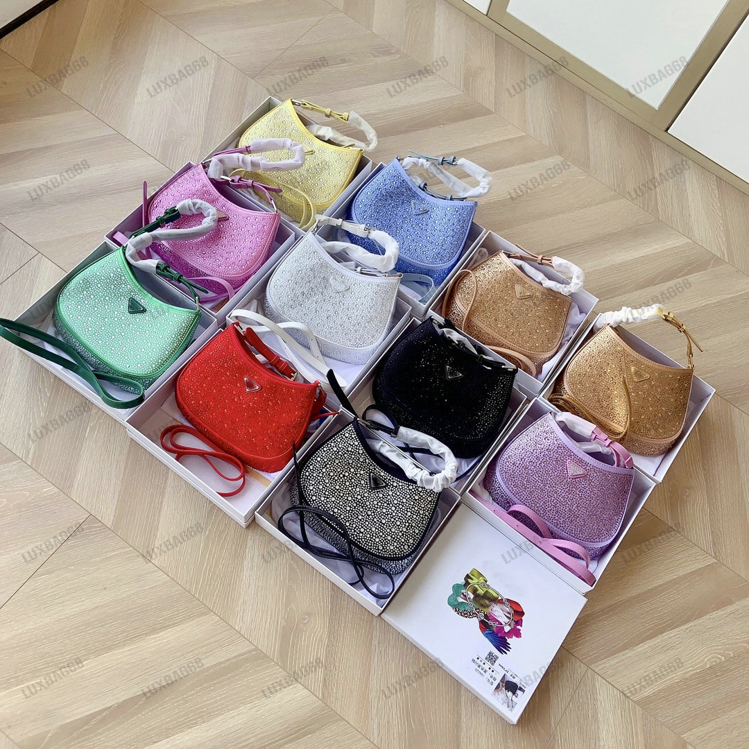 

Women's Cleo Satin Hobo Bag With Crystals Triangle Logo Underarm Mini Bags Bling Bling Diamond Shoulder Bag For Ladies Designer Party Handbag, #1