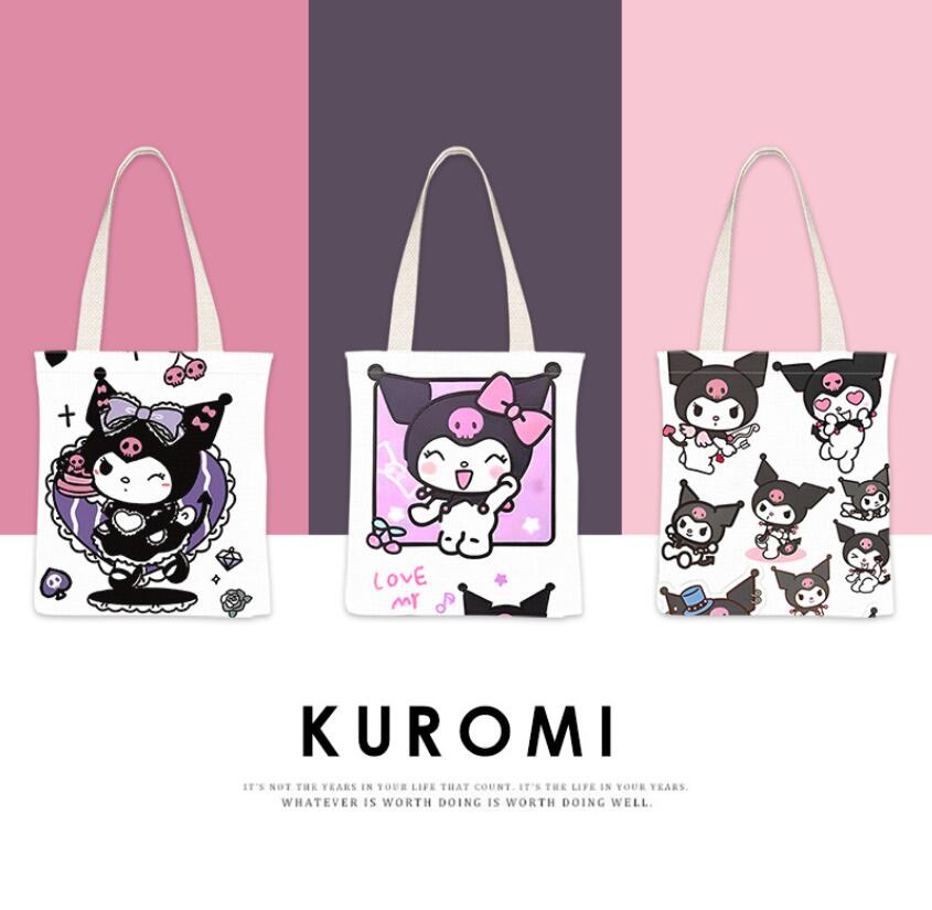

Girls Kawaii Kuromi Double Sides Print Zipper Canvas handbag Girl Student Lovely Accessories bags big Capacity