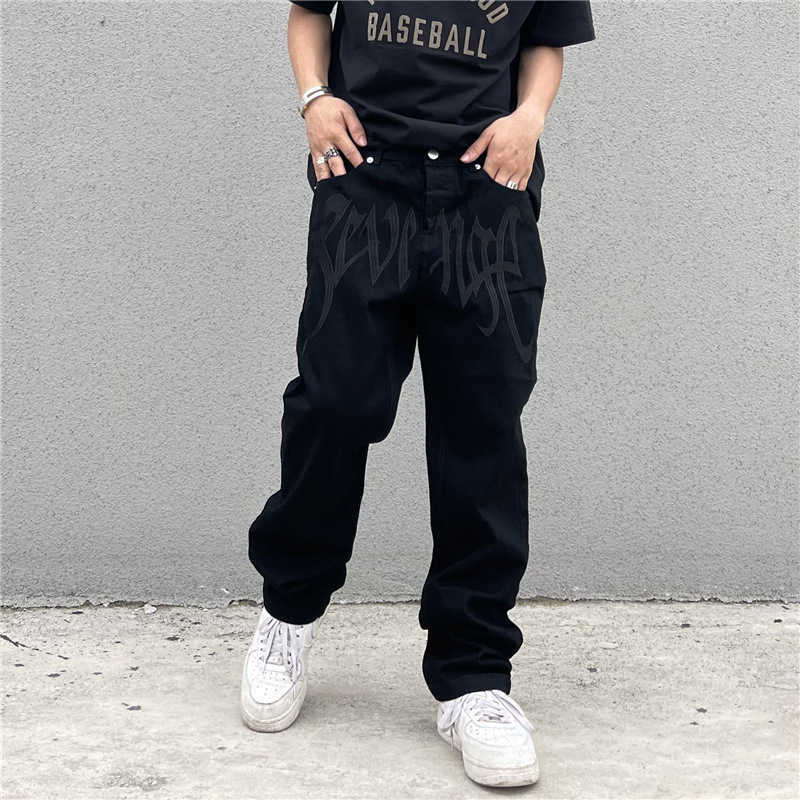 Black Jeans Men's And Women's Street American Retro Embroidered Letters High Waisted Straight Hip Hop Loose T230516