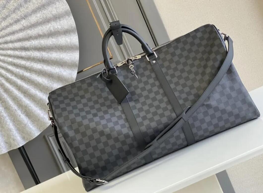 

10A Classic Designers fashion duffel bags luxury men female travel bags leather handbag large capacity holdall carry on luggage overnight weekender bag with lock, White grid
