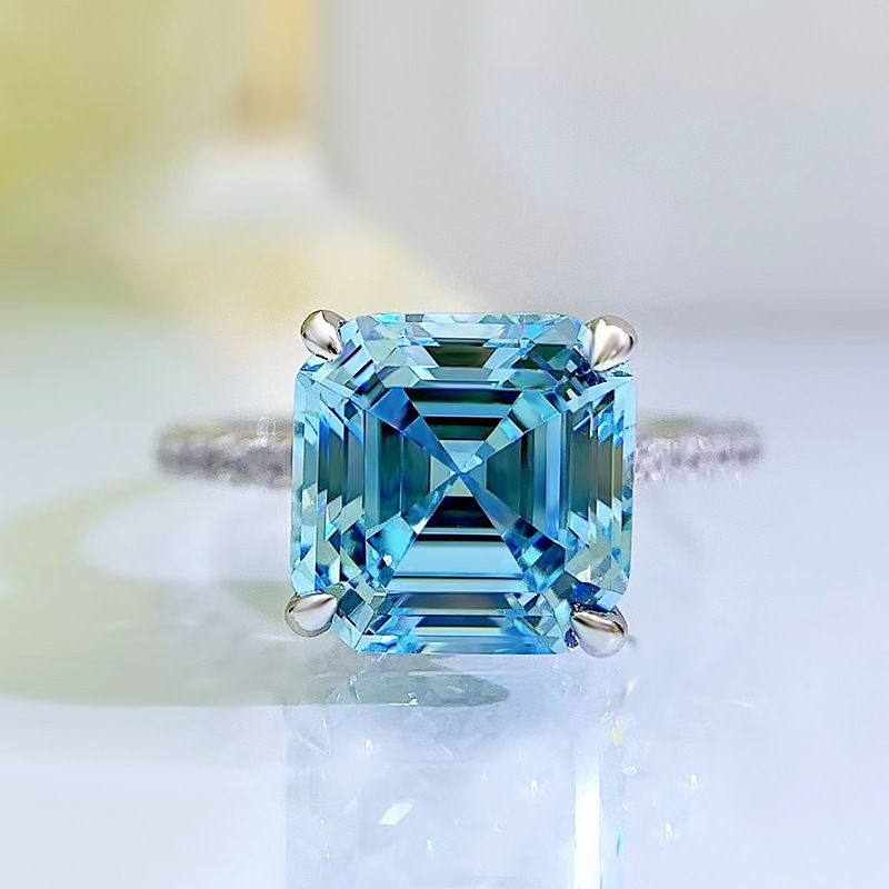 Asscher Cut 9mm Aquamarine Diamond Ring 100% Real 925 sterling silver Party Wedding band Rings for Women Men Engagement Jewelry