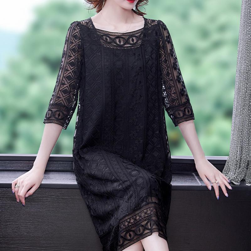 

Dresses Summer Vinatge Solid prom Dress Black Lace Casual Loose Midi chic Dress 2023 Women Elegant Bodycon Party Evening Vestidos