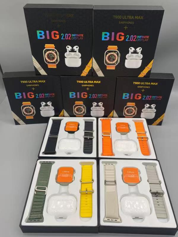 

2 in 1 BIG 2.02 inch full screen smart watch T900 Ultra max + airpods 3 earphone For Apple watch Ultra Series 8 49mm iWatch marine strap sport watch wireless charging