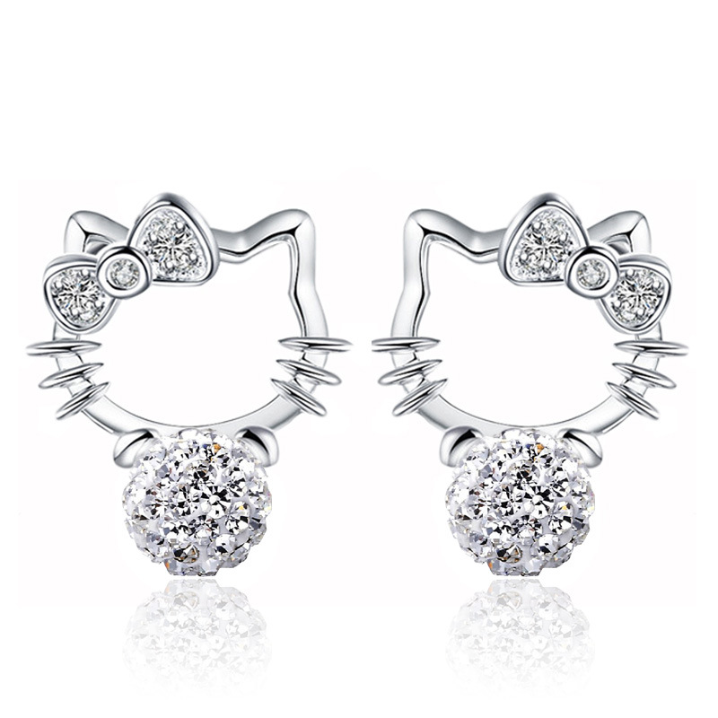 S925 Sterling Silver Stud Earrings Cute Sweet Kitty Cat Animal Designer Earring Earings Ear Rings with Crystal CZ Diamond Pearl Jewelry for Women