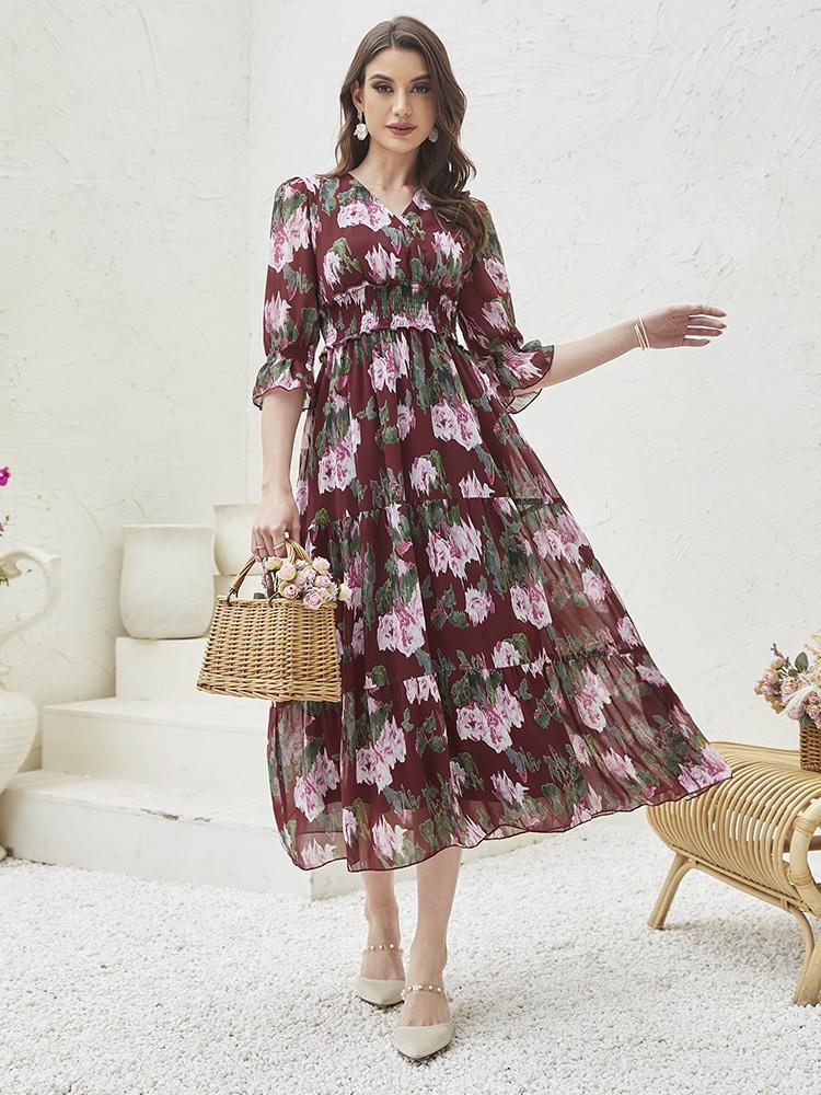 

Dresses TOLEEN Women Casual Elegant Midi Dresses 2022 Summer Slim Ruffled Floral Print Arabic Turkey African Evening Party Robe Vestidos, Khaki