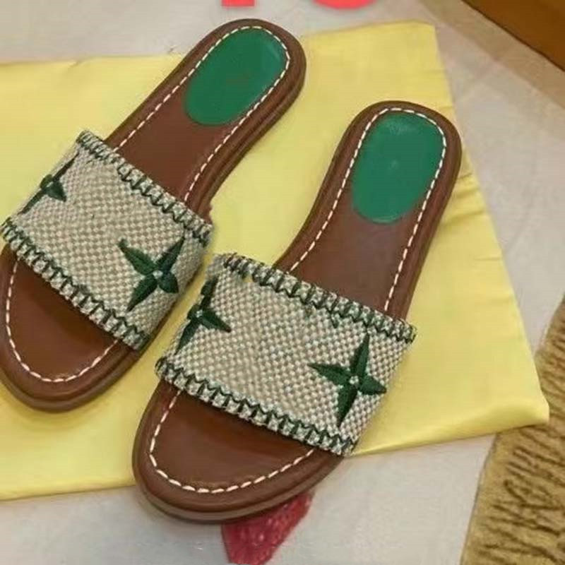 

top quality Casual Shoes Mules Light designer lock it woman slipper flat mule slide Perforated luxury man tan beige canvas shoes Leather outsole gold summer pool sand