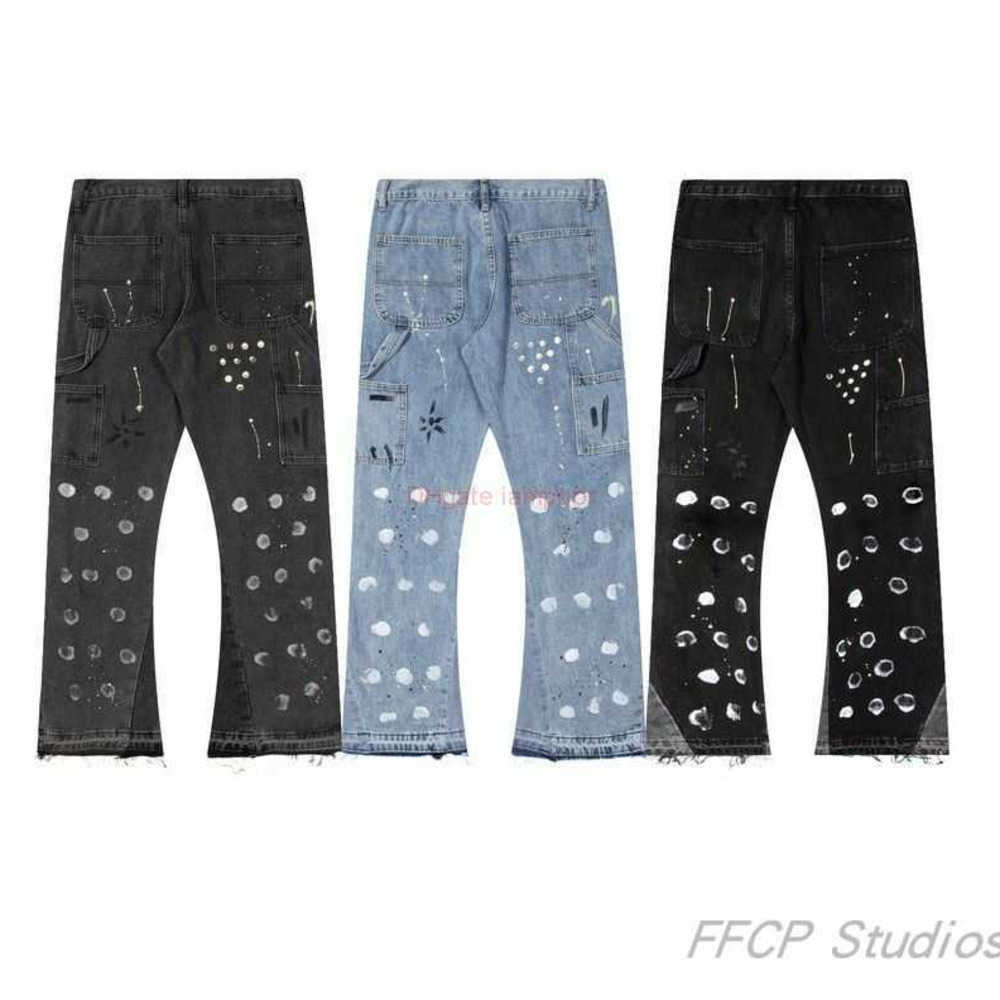 

Fashion Designer Clothing Galleries Denim Pants Galleryes Depts Deconstructed Splice Speckle Flare Pants High Street Casual Men's Women's Raw Edge Denim Pants 2026, Black