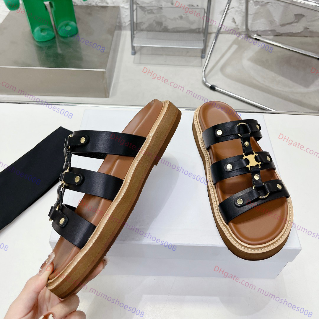 

high quality designer slides sandals Vegetal tanning cowhide slippers women gold buckle sandals rubber bottom flat mules beach sandals slides factory footwear, #3