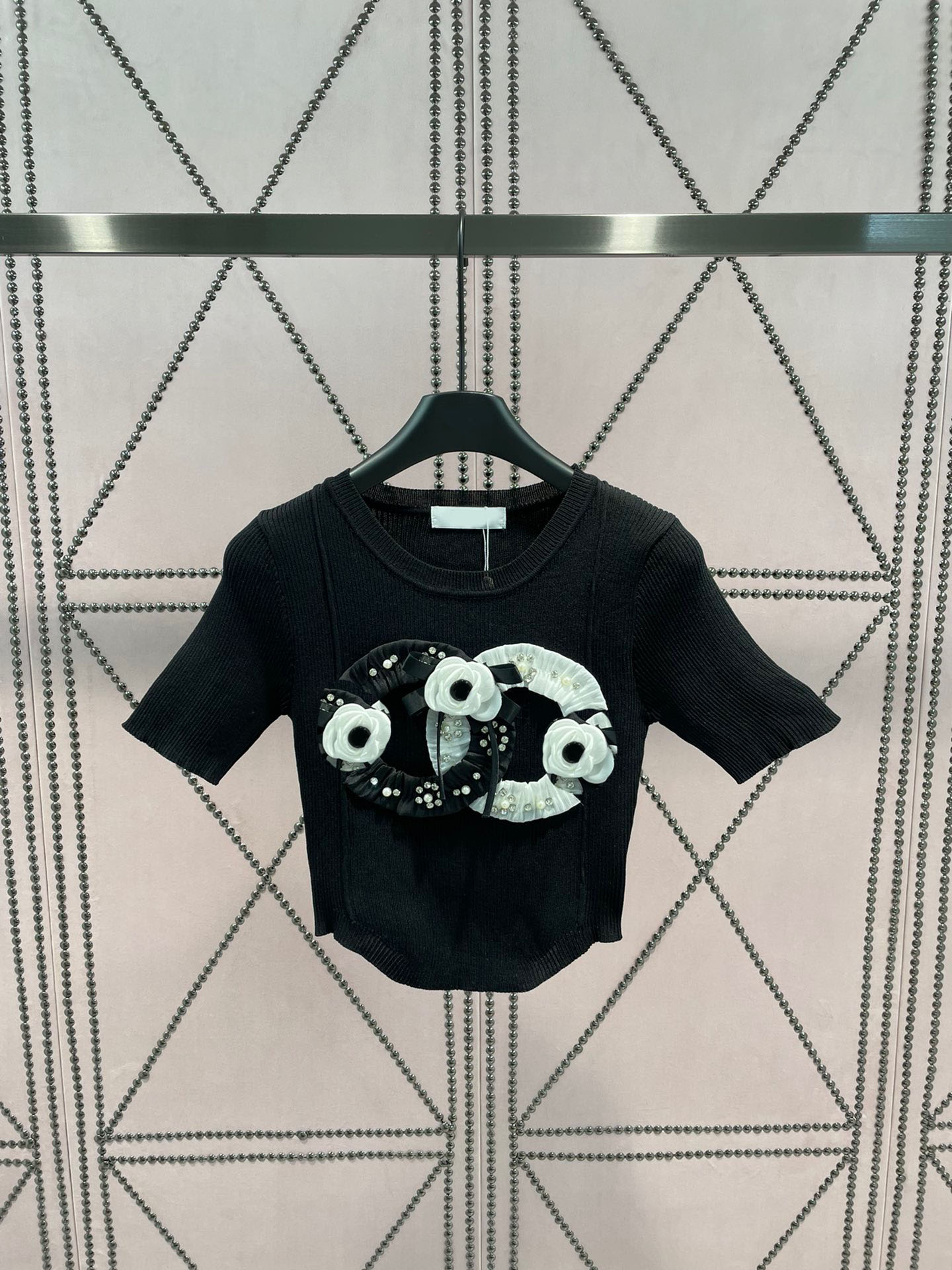 

New 2023 Fashion Summer Flower Bow Knit Sweater Women O-neck Short Sleeve Solid Pattern Elegant Casual Knitted Pullover, Black