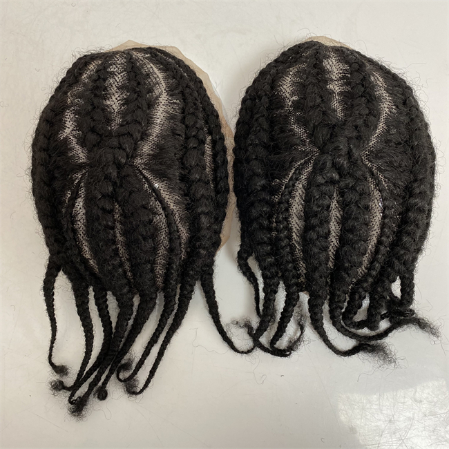 

Indian Virgin Human Hair Replacement No. 8 Root Afro Corn Braids #1b Black Full Lace Toupee for old Blackman, Clear