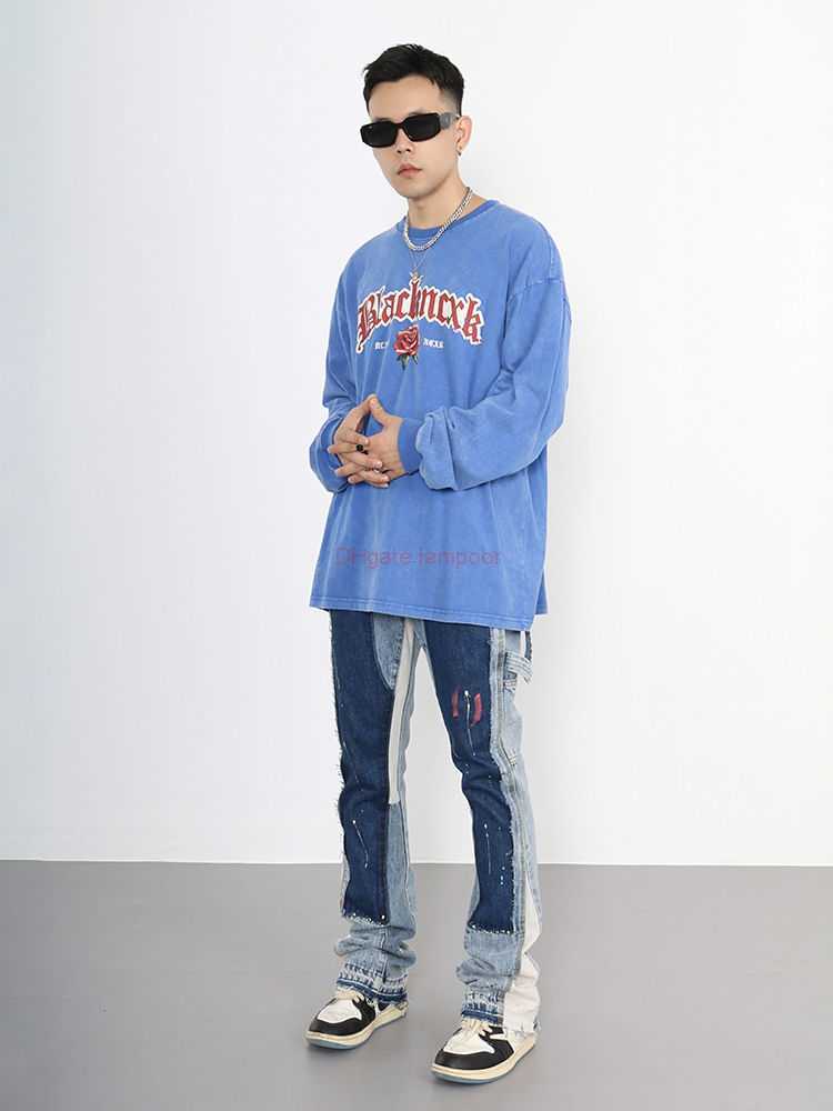 

Fashion Designer Clothing Galleries Denim Pants Galleryes Depts Same Pant with Ink Splashing Color Contrast Structure Flared Pants Fog Floor Down Straight Jeans 34, Contrast stitching blue