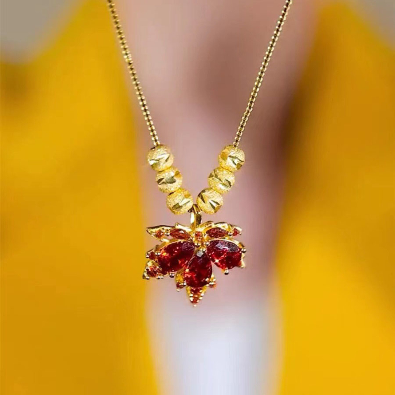 Beautiful Red Zircon Maple Leaf Pendant Necklace Gold Plated Jewelry-image-866340641