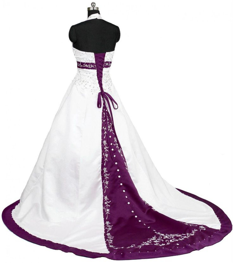 Blanc avec bleu royal robe de mariée gothique 2023 rétro broderie perlée livraison directe col en V plage Boho robes de mariée corset satin vesti